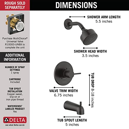 Image of Delta Modern 14 Series Bathtub and Shower Faucet Set, Matte Black Shower Head and Handle Set, Valve Trim Kit, Matte Black T14459-BL-PP (Valve Not Included)