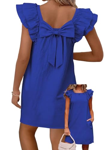 Image of Falechay Womens Summer Dresses Bow Tie Back Sundresses for Women Ruffle Short Sleeve Dress Casual Cute Sundress with Pockets