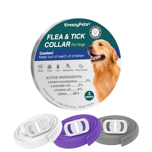 KreezyPets 3 Pezzi collare antipulci per cani, collare antizecche per cani, lunghezza 65 cm, taglia unica per tutti i cani, ingredienti vegetali naturali, design impermeabile