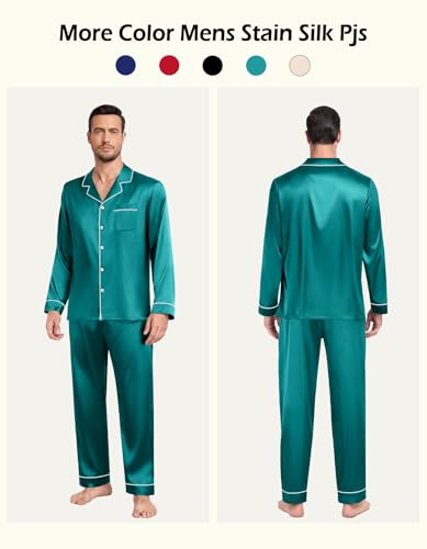 Mens Satin Pajamas Set Long Sleeve Button-Down Pj Set Lightweight Sleepwear Loungewear for Holiday, Green-XL2