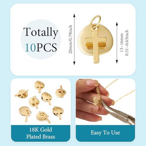 Image of 10Pcs 18K Gold Plated Cross Charms Golden Brass Flat Round with Crosses Pendants Permant Jewelry Charms with Jump Ring for DIY Bracelets Necklaces Earring Jewelry Making