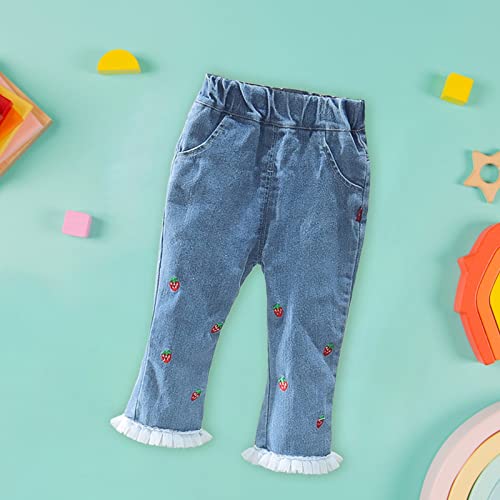 Kids Baby Girls Strawberry Embroidery Jeans Toddler Elastic Waist Denim Pants Casual Trousers with Pockets (Blue, 3-9 Months)4