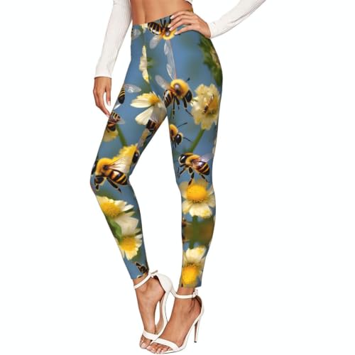 Leggings de compresión suave y elástica con estampado de abejas y flores de mujer