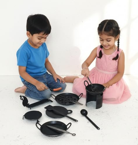 Image of Miniature Kitchen Set for Kids | Iron Toy Real Cooking Set with Stove, Tawa, Kadai & Utensils | Pretend Play Kitchen Set for Boys & Girls | Traditional Indian Mini Toy Set of 12pcs