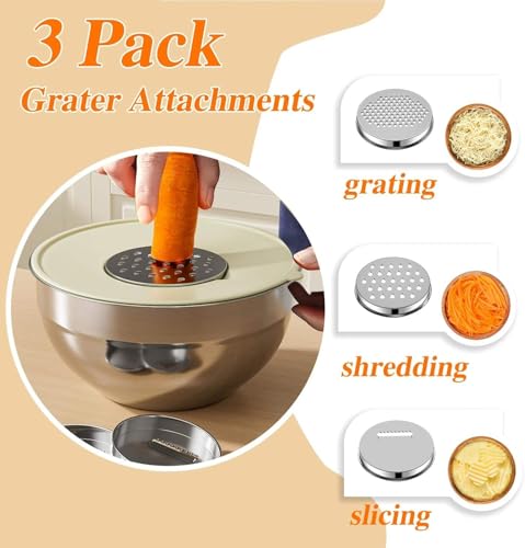 Image of Mixing Bowls with Airtight Lids, 5PCS Stainless Steel Khaki Nesting Mixing Bowls with 3 Grater Attachments, Non-Slip Bottom Metal Salad Bowls for Kitchen, Cooking & Food Prep