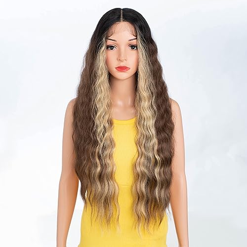 DÉBUT Lace Front Wigs 30 inches Water Wave Super Long Wigs 5% Brazilian Human Hair and 95% Heat Resistant Synthetic Wig 240g 6 inches Lace Parting (LACE 30", Brown Mix Blonde)