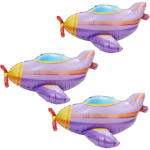 4D 24'' Cute Flying Plane Balloons Floating Airplane Helium Balloons For Kids Boys Girls Baby Shower Birthday Suppliers Party Decoration, 3 Pack Purple Transportation Aircraft Foil Mylar Balloons #TOP4