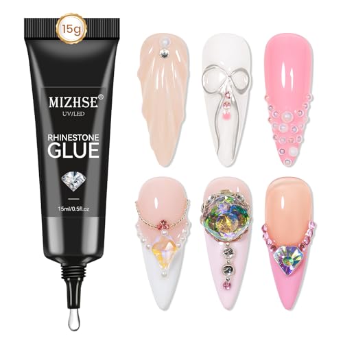 MIZHSE Rhinestone Glue Gel, Nail Glue Gel for Rhinestone Super Strong Bling Gels for Nail Gem Glue Nail Charms Clear Adhesive Multifunctional 3D Gels Nail Art Decoration 15G