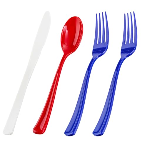 Liacere 200Pcs 4th of July Red Blue Disposable Plastic Silverware-Red Blue Plastic Patriotic Cutlery - American Flag Patriotic Party Supplies include 100Forks,50Spoons,50Knives for Independence Day
