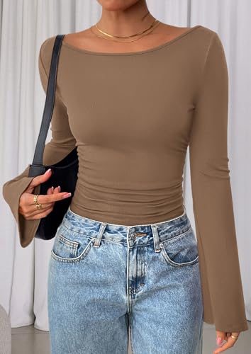 Image of PRETTYGARDEN Women Long Sleeve Shirt 2025 Crop Casual Boat Neck Bell Sleeve Ribbed Ruched Y2K Clothing