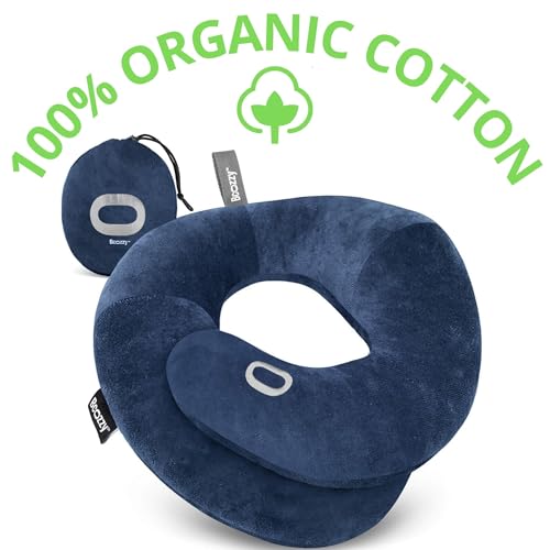 Image of BCOZZY Organic Cotton Double Support Neck Pillow for Travel - 3 Ergonomic Positions for Head, Neck, and Chin Comfort - Ideal for Sleeping Upright on Flights, Cars, and at Home - X-Large, Navy