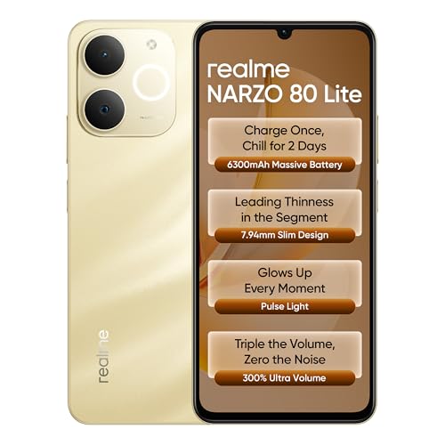 Image of realme NARZO 80 Lite 4G (Beach Gold 2026, 4GB+64GB) | 6300mAh Segment's Biggest Battery | 7.94mm Slim Design | 300% Ultra Volume | Pulse Light: 9 Colors, 5 Glow Modes | Ai Assist