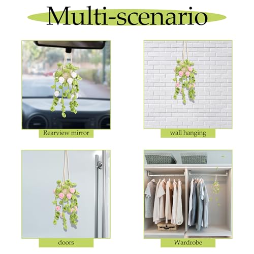 Image of Crochet Car Air Freshener Hanging, Cute Rear View Mirror Accessories Car Fresheners for Women, Handmade Car Hanging Accessories Car Air Freshener Diffuser, White Rose