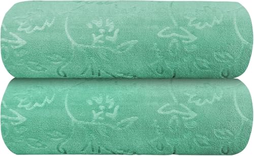 Image of JML Large Bath Towels Set, 2 Pack, 30 inch x 60 inch, Microfiber Body Towels for Adult, Oversized, Soft, Absorbent, Fast Drying for Shower Sauna Yoga Swimming Sport Fitness Gym Pool (Green-Floral Embossed)
