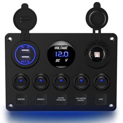 Greluma 1 Pieza Panel de interruptores basculantes 5 posiciones con interruptores automáticos,fusible línea de 15A,voltímetro digital,cargador USB y toma de encendedor 12V para barcos,automóviles