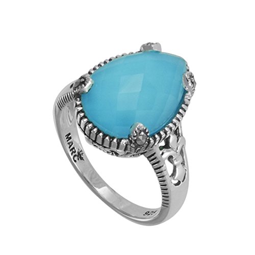 Image of MARC 925 Sterling Silver 9.40 ct Crystal Turquoise Doublet & 3 /5 ct Round Marcasite Pear Ring