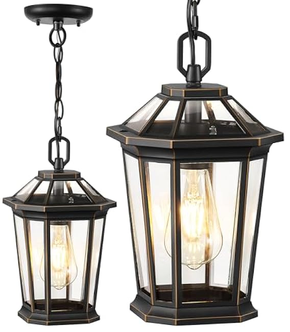 VIANIS Outdoor Pendant Light Fixtures for Porch, Exterior Ceiling Hanging Lanterns, Anti-Rust Waterproof Farmhouse Outdoor Chandelier, Black Gold Aluminum with Tempered Glass for Entryway, 1 Pack