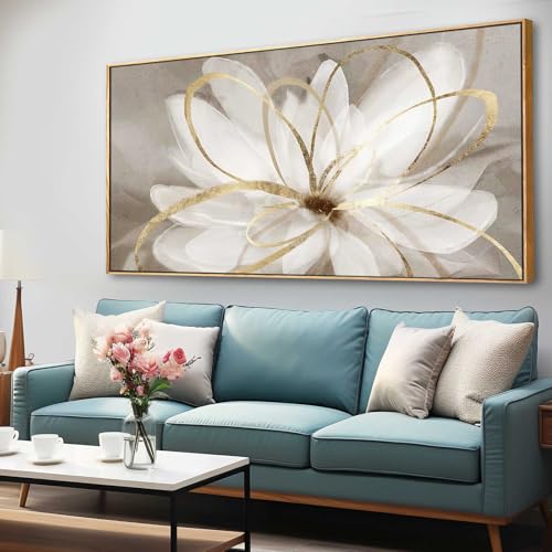 Gold Flower Canvas Wall Art White Abstract Wall Decor Line Prints 73x147 CM Big Painting for Living Room Bedroom Office Kitchen Decoration by Artexist - Used condition - CA$104.90