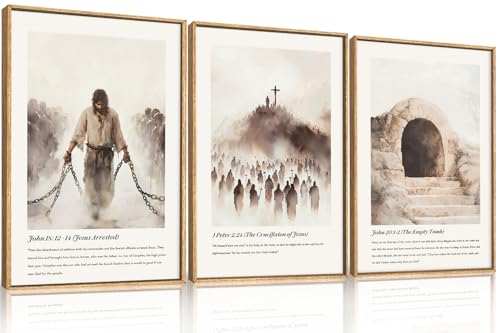 Image of KAIRNE Jesus Christian Framed Canvas Wall Art Set,Neutral Bible Verses Wall Decor,Modern Religious Scripture Art Prints,Christ Cross Empty Tomb Artwork for Living Room,Bedroom,Church,Office-16 x24 x3