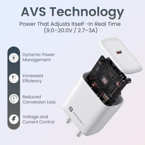Image of Portronics 40W Adapto 40AVS GaN Type C Fast Charger, AVS & PPS Technology, 60W Peak Output, BIS Certified, Compatible with iPhone, Samsung, MacBook, iPad & Tablets (White)