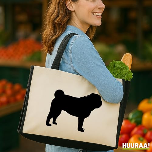Huuraa Jutetasche Mops Silhouette 21 Liter Black Jute und Baumwolle Einkaufstasche Geschenkidee