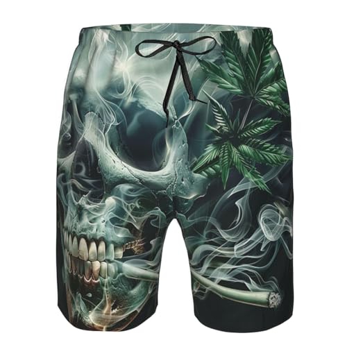 Skull Marijuana Psychedelic Cannabis Leaf Hippie Weed Men's Quick Dry Swim Shorts, Mesh Lined Beach Trunks with Pockets