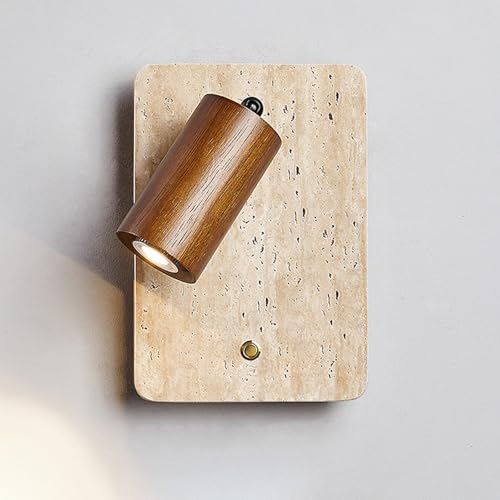 Lampada da parete rettangolare in travertino giallo, lampada da parete in pietra naturale con faretto orientabile, lampada da parete da comodino ad angolo regolabile con interruttore tattile(Walnut)