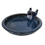 Fachhandel Plus | Vogeltränke Oasis aus glasierter Keramik, Ø 30 cm | mit Deko-Vögeln, Winterfest, Farbenfrohe Gartendeko & Wasserstelle für Vögel (Rustik-Blau)