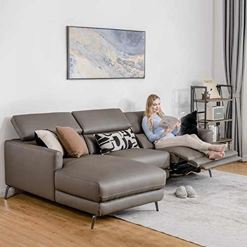 Giantex Upholstered Sectional Sofa Couch, With Chaise Lounge And Electric Power Recliner, Certipur-Us Sponge, Adjustable Headrests, Metal Legs, Air Leather Modern L-Shaped Living Room Furniture, Grey #TOP1