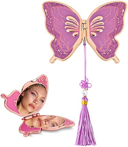 Butterfly Compact Mirror, 2X/1X Magnification Zinc Alloy Travel Small Pocket Mirror, Vintage Double Sided Purse Mirror for Women, Cute Portable Folding Handheld Mirror for Gift (Purple)