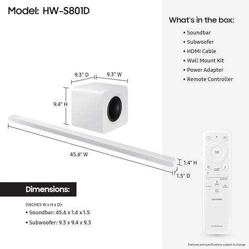 Image of Samsung HW-S801D 3.1.2ch Soundbar w /Wireless Dolby Atmos, Ultra Slim Design, Q-Symphony, SpaceFit Sound Pro, Adaptive Sound, Game Mode Pro, Alexa Built-in