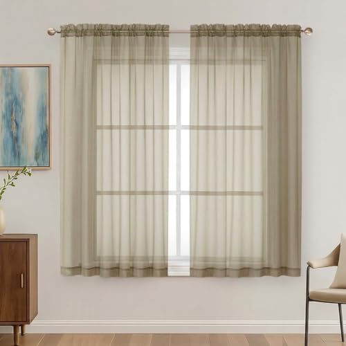 Image of OVZME Taupe Sheer Curtains 63 Inches Long 2 Panels Set, Light Filtering Sheer Curtains for Living Room Bedroom 59 Inch Extra Wide, Modern Voile Filmy Rod Pocket Window Drapes, 59Wx63L Inches