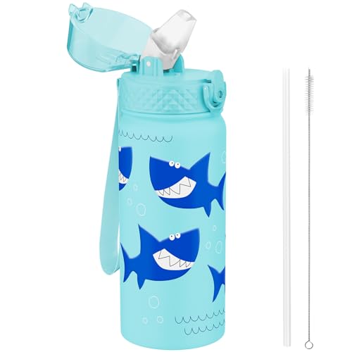 GOPPUS 550ml/18oz Kids Insulated Water Bottle with Straw Cute Double Wall Stainless Steel Child's Small Flask Vacuum Insulated Steel Metal Leak Proof Drink Flask Boys Toddler Girls Bottles BPA-Free
