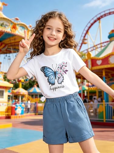 Image of KIDLAGA Girls Two Piece Sets Cherry Pattern Short Sleeve Shirts and Shorts Set With Pockets Girls Summer Outfits Size 7-14
