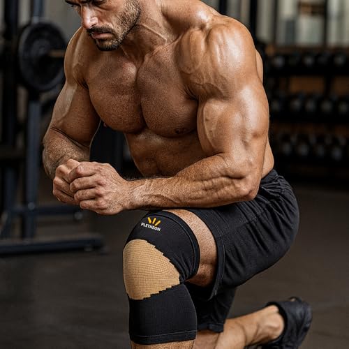 Image of PLETHEON Knee Cap for Pain Relief Men & Women | Compression Knee Support for Gym, Sports & Running | Anti-Slip, Breathable & Sweat-Free Knee Brace for Joint Pain & Injury Recovery (BEIGE-BLACK, XXL)