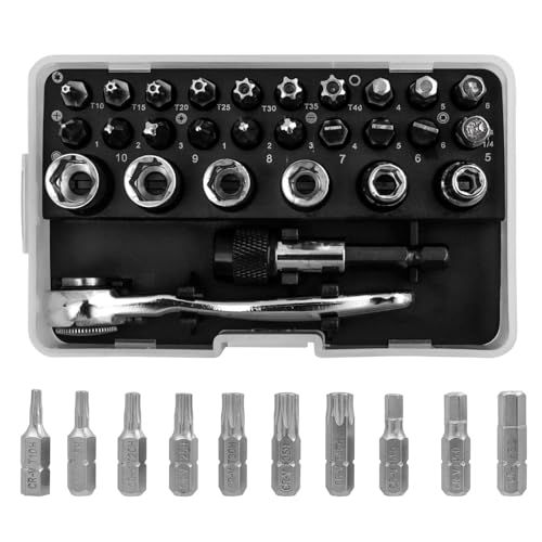 Bestgle 28 Pezzi Set di Chiavi a Bussola, Cr-V Set di Bussole Versatile per Molteplici Progetti di Fai-da-te, Ergonomiche, Per Attrezzi Da Meccanico (2-25 Nm) Doppia Direzione Regolabile a 72 Denti