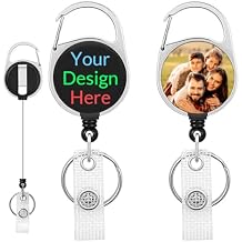 2 Pack Customized Retractable Badge Holder with Carabiner Reel Clip Custom Personalized Picture Logo Name Heavy Duty Metal Keychain Belt Clip Key Ring for ID Card Gift for Nurse Teacher Office Black