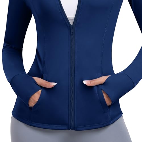 Cighay Jaqueta atlética feminina de treino com zíper e bolsos para corrida sem capuz, jaqueta de iog