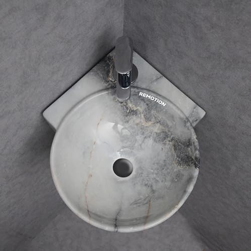 Image of REMOTION Wall Mounted Wash Basin for Bathroom | Wall Hung Corner Sink | Ceramic Round Wall Hung Wash Basin | Wall Hung Small Corner Basin (16.3 x 13.8 x 4.3 Inch) (Designer Blue)