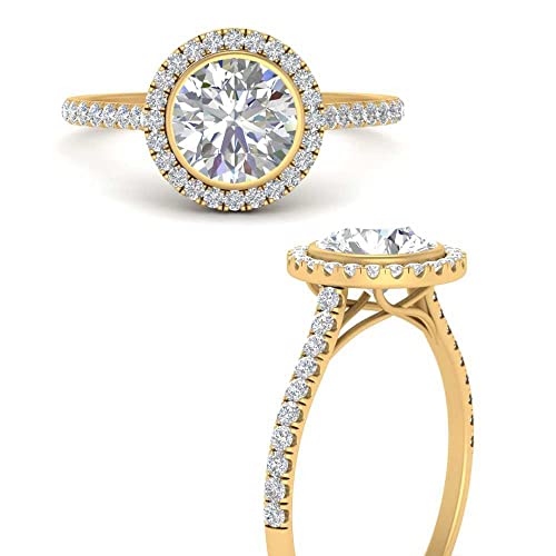Image of 55Carat Choose Your Gemstone Bezel Round Halo Pave Diamond CZ Ring Yellow Gold Plated Round Shape Halo Engagement Rings Everyday Jewelry Wedding Jewelry Handmade Gifts for Wife US Size 4 to 12