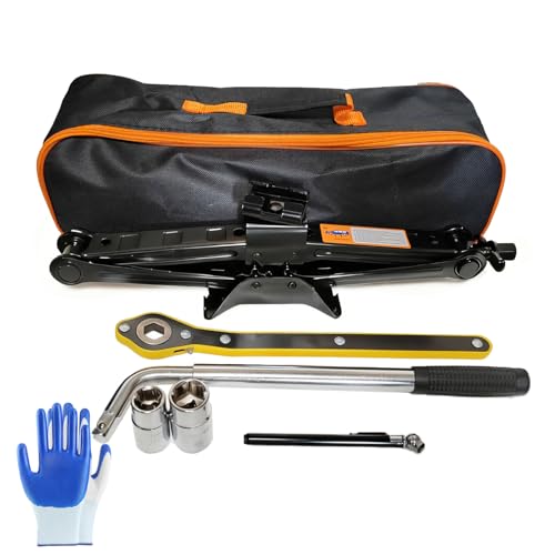 Hniuyun Cric a forbice da 2 tonnellate e kit di supporto, sollevatore per auto, resistente, per berlina, SUV, MPV, con chiave a cricchetto e adattatore per trapano per cambio pneumatici