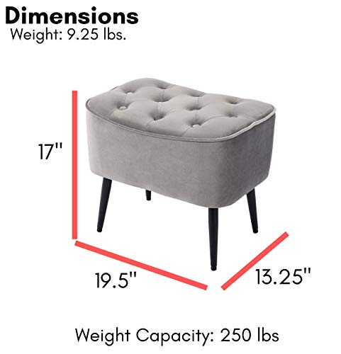 BIRDROCK HOME Tufted Curve Ottoman Velvet Foot Stool - Upholstered Padded Footrest for Living Room or Bedroom - Small Cushioned Accent Chair for Couch, Sofa, Large Seating - Modern Furniture - Grey - Thumbnail 3
