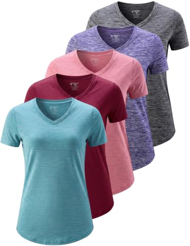 Image of 5 Pack Women's Quick Dry Short Sleeve T Shirts, Athletic Workout Tee Tops for Gym Yoga Running