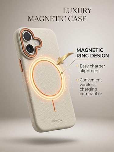 Image of amazon basics Luxury MagSafe Compatible Leather Texture Back Cover for iPhone 16 | Raised Camera Protection | Slim Fit Shockproof Case with Metallic Accents (White)