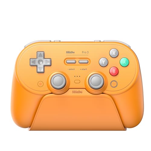 8Bitdo Pro 3 Mando Bluetooth con Joysticks TMR, Botones ABXY Intercambiables, Botones Traseros Pro, Base Carga y Disparadores Efecto Hall para Switch/Switch 2, PC, Apple, SteamOS y Android (Naranja)