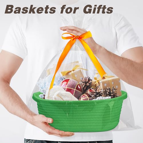 Image of Pro Goleem Small Woven Basket with Gift Bags and Ribbons Durable Baskets for Gifts Empty Small Rope Basket for Storage 12 inchX 8 inch X 5 inch Baby Toy Basket with Handles, Grass Green
