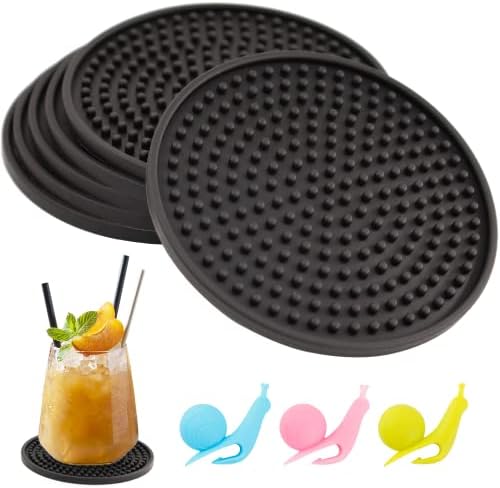 Coasters for Drinks, Silicone Coasters 6 Set Non-Slip Cup Coasters, Heat Resistant Cup Mate Fits Any Size of Drinking Glasses, Soft Coaster for Tabletope Protection, Furniture from Damage (Black)