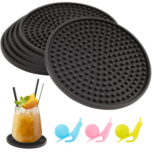 Coasters For Drinks, Silicone Coasters 6 Set Non-Slip Cup Coasters, Heat Resistant Cup Mate Fits Any Size Of Drinking Glasses, Soft Coaster For Tabletope Protection, Furniture From Damage (Black) #TOP2