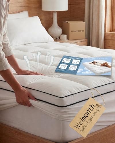 WestMonth Premium Quilted 1000GSM Luxury Extra Thick Mattress Topper with Deep Pocket (8-21) - Breathable & Fluffy Soft Cooling Bed Cover - Fits Standard Mattresses Perfectly (White Queen)