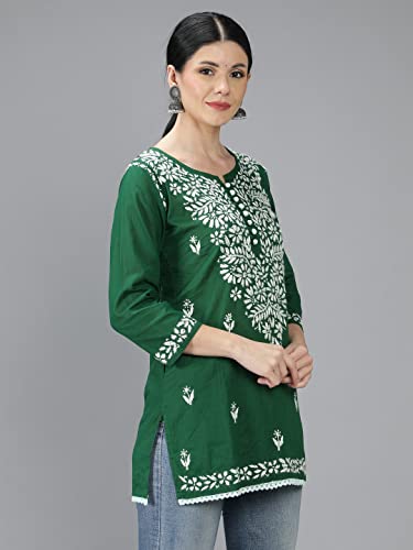 Image of Seva Chikan Hand Embroidered Lucknowi Chikankari Cotton Short Top Tunic for Women SCL9017